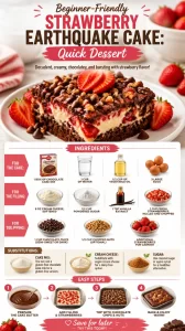 Slice of strawberry earthquake cake topped with fresh strawberries and whipped cream