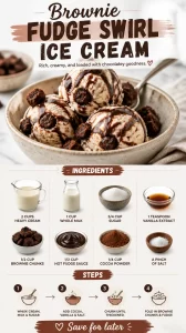Delicious Brownie Fudge Swirl Ice Cream in a bowl topped with chocolate ribbons