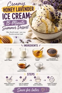 Bowl of creamy honey lavender ice cream with lavender flowers and honey drizzle.