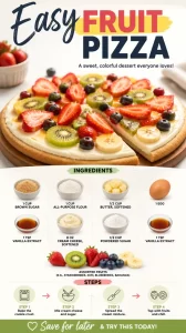 Delicious easy fruit pizza topped with fresh colorful fruits and cream cheese frosting.