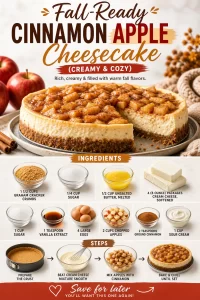 Fall-Ready Cinnamon Apple Cheesecake topped with cinnamon and apple slices.