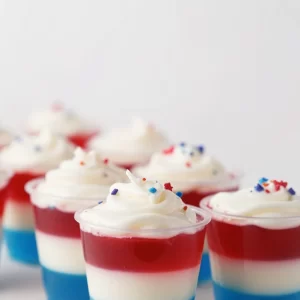 Patriotic red, white, and blue no-bake jello cups for celebrations