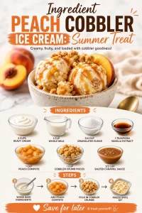 Delicious peach cobbler ice cream served in a bowl with fresh peaches.