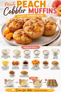 Fluffy peach cobbler muffins fresh out of the oven, perfect summer dessert.