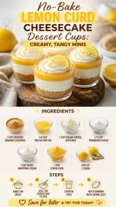 No-bake lemon curd cheesecake dessert cups served in elegant glass containers.