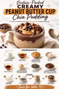 Bowl of creamy peanut butter cup chia pudding topped with chocolate and nuts
