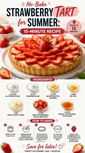 No-bake strawberry tart topped with fresh strawberries and whipped cream