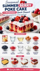 Delicious Seasonal Summer Berry Poke Cake topped with fresh berries and whipped cream