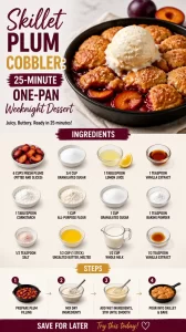Skillet plum cobbler cooked in one pan, perfect for a quick weeknight dessert.