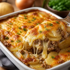 Easy hamburger potato casserole baked dish on a dinner table