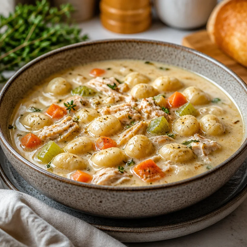 Bowl of creamy chicken gnocchi soup ready for dinner