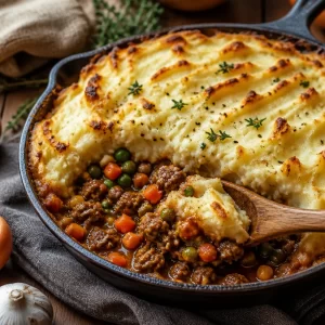 One-Pan Shepherd's Pie served with a garnish on a plate.
