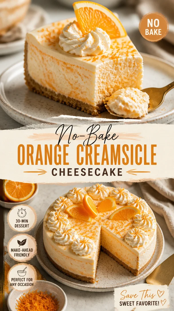 No-bake orange creamsicle cheesecake topped with orange zest and cream