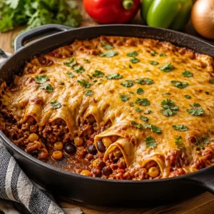 One-Pan Beef Enchiladas, a quick and easy weeknight dinner for busy moms.