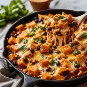 One-Pan Butternut Squash & Black Bean Enchilada Skillet topped with cheese and cilantro