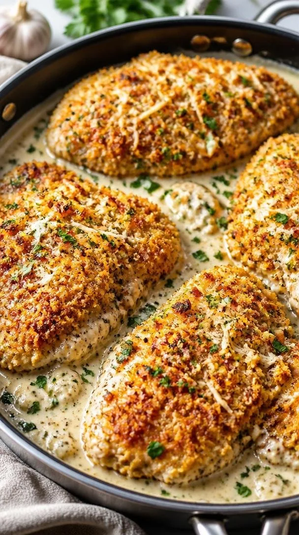 One-Pan Crispy Parmesan Chicken with Garlic Cream Sauce on a plate