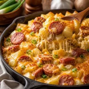 One-pan kielbasa cheesy potato casserole for busy weeknights