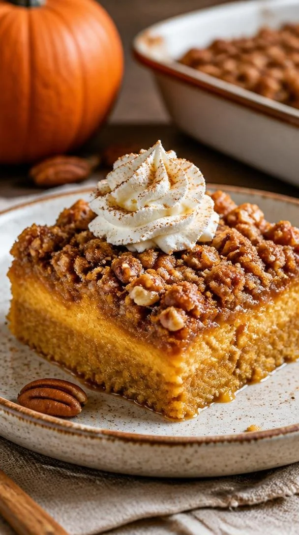 One-Pan Pumpkin Crunch Cake served with whipped cream on a fall-themed table