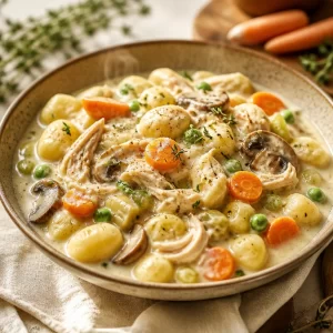 Delicious One-Pot Gnocchi Chicken Pot Pie served in a creamy sauce with vegetables.