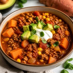 Bowl of one-pot sweet potato turkey chili with toppings
