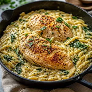 One-pot creamy Boursin chicken orzo skillet with fresh ingredients
