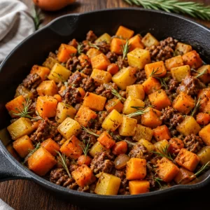 Skillet dish with roasted butternut squash and ground beef