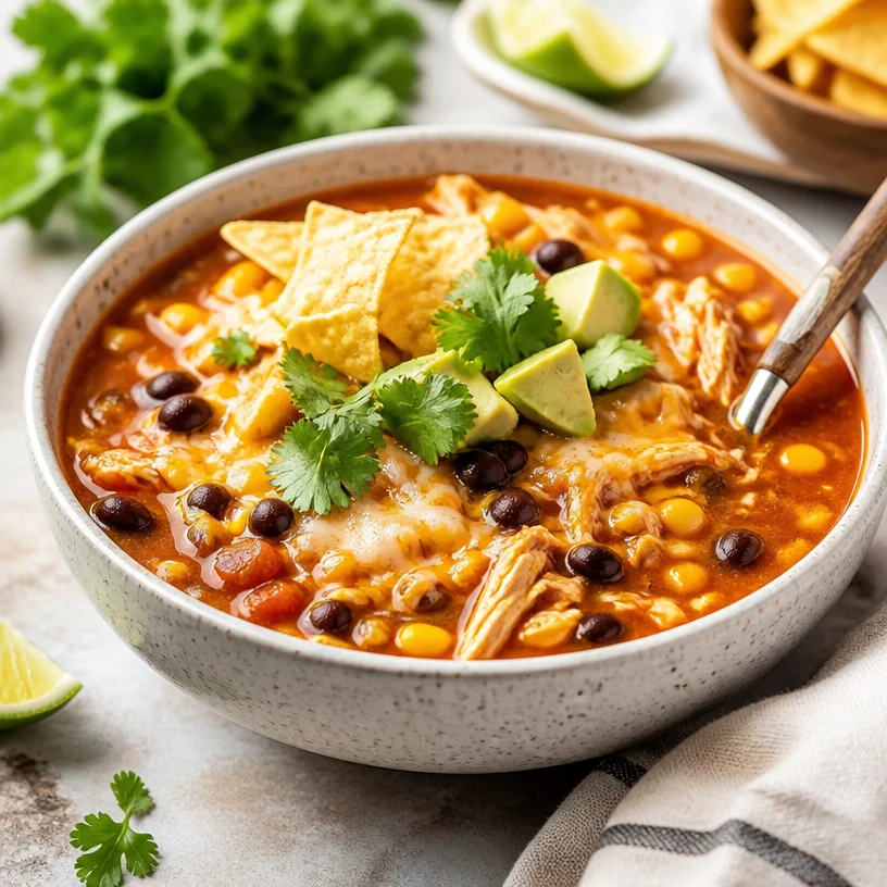 Bowl of Chicken Enchilada Soup garnished with cilantro and cheese