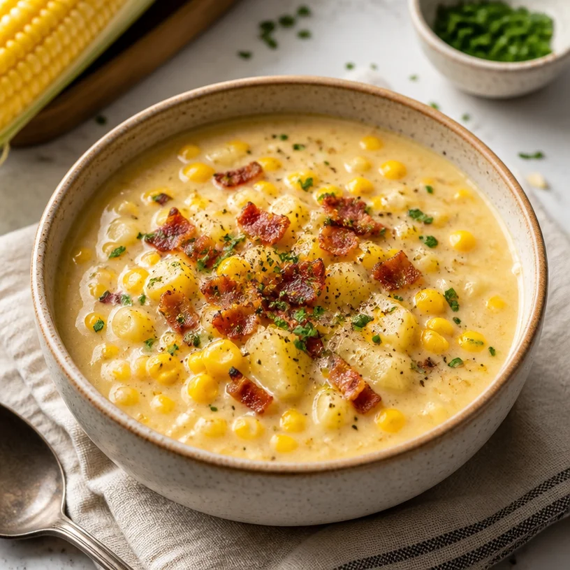 Delicious bowl of creamy corn chowder garnished with herbs