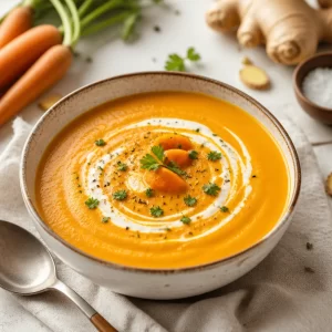 Bowl of creamy carrot-ginger soup garnished with fresh herbs