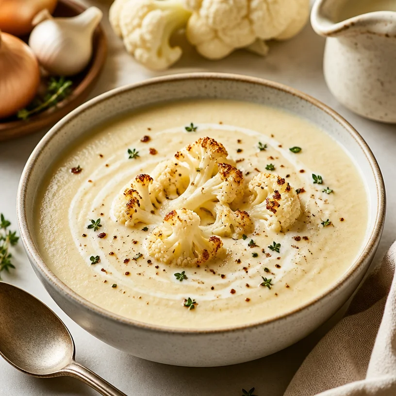 Bowl of creamy cauliflower soup garnished with herbs and served with bread