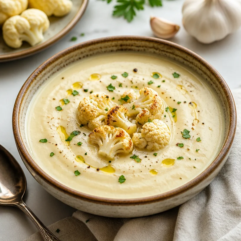 Bowl of creamy cauliflower soup with fresh herbs and a drizzle of olive oil