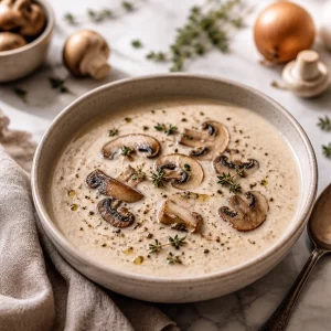 Bowl of creamy mushroom soup, garnished with fresh herbs, ready to serve.