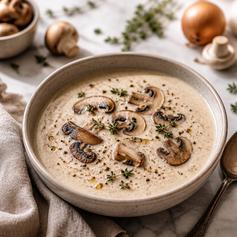 Bowl of creamy mushroom soup, garnished with fresh herbs, ready to serve.