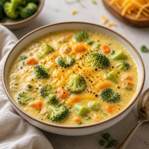 Bowl of creamy broccoli cheddar soup garnished with cheese and herbs.