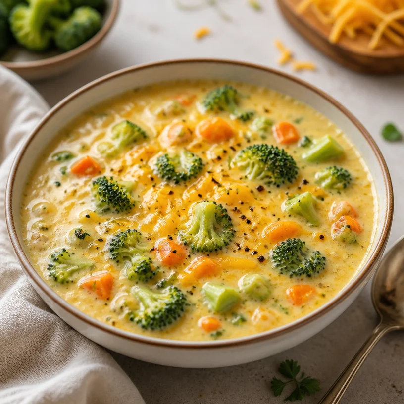 Bowl of creamy broccoli cheddar soup garnished with cheese and herbs.