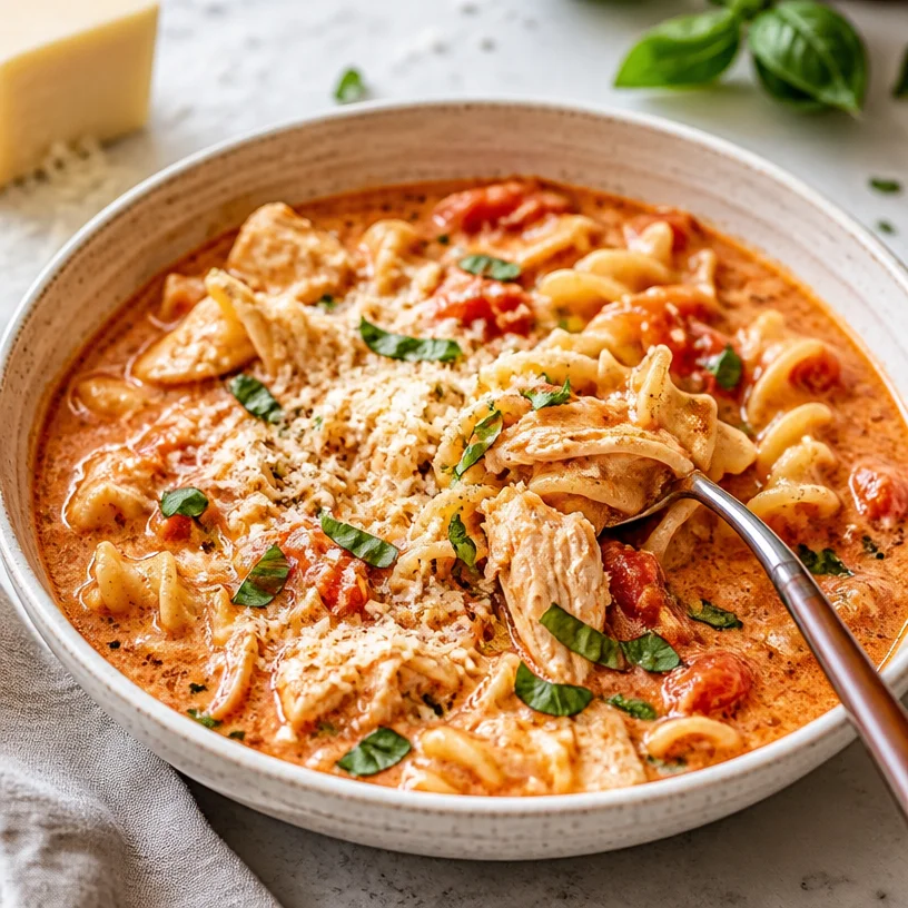 A bowl of creamy chicken parmesan soup garnished with herbs and cheese
