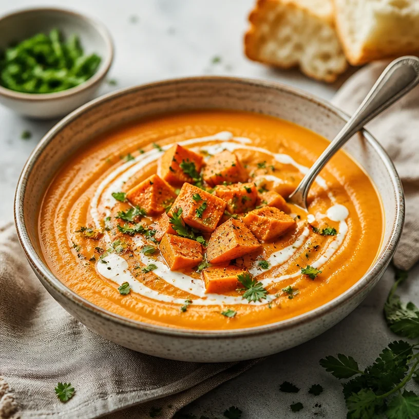 Bowl of creamy one-pot sweet potato soup, garnished with herbs