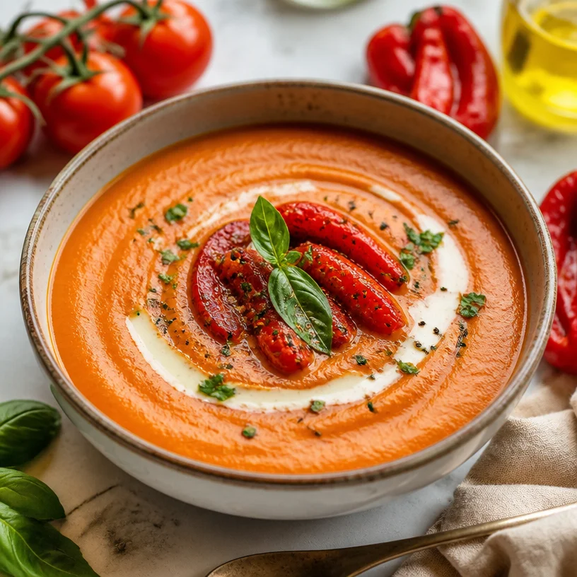 Bowl of creamy roasted red pepper soup garnished with herbs