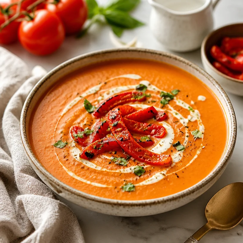 Bowl of creamy roasted red pepper soup garnished with herbs