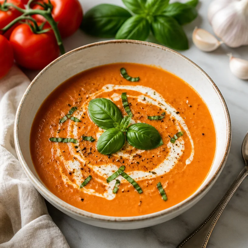 Delicious creamy tomato basil soup served in a bowl with fresh basil garnish.