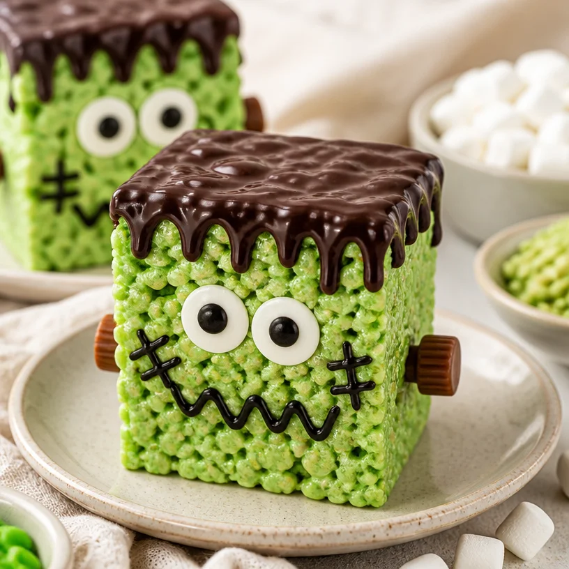Frankenstein Rice Krispie Treats decorated for Halloween