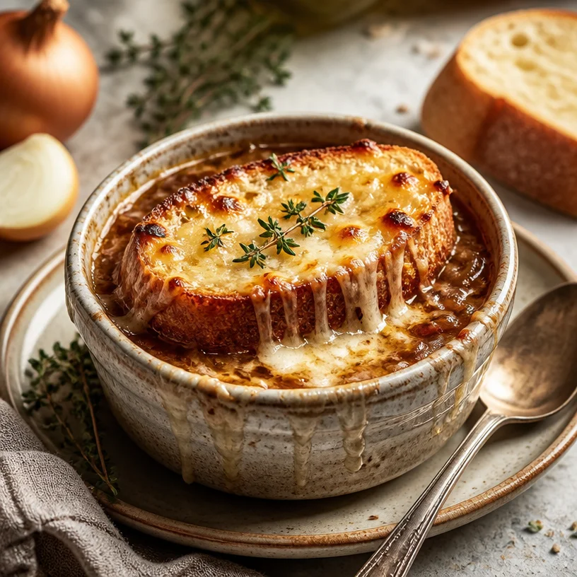 Bowl of creamy French Onion Soup garnished with melted cheese and herbs