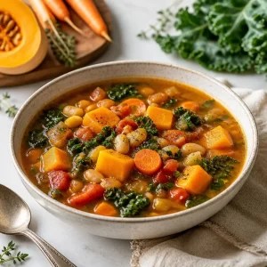 Bowl of Harvest Vegetable Soup with fresh ingredients and herbs