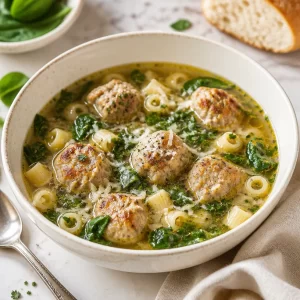 Healthy Italian Wedding Soup served in a bowl, ideal for quick weeknight dinners.