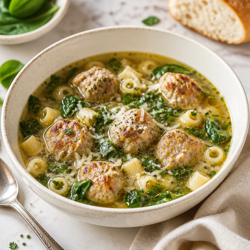 Healthy Italian Wedding Soup served in a bowl, ideal for quick weeknight dinners.