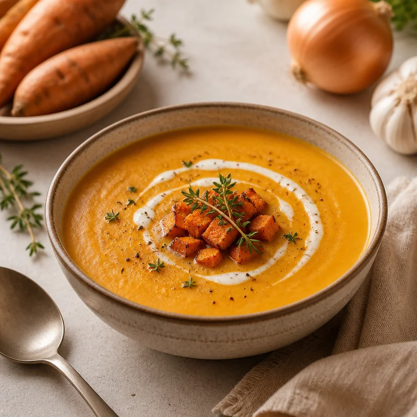 Bowl of creamy sweet potato soup garnished with herbs and served with bread