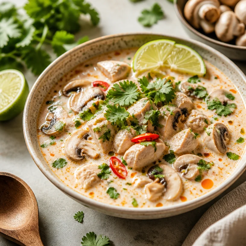 A bowl of Thai coconut chicken soup garnished with herbs