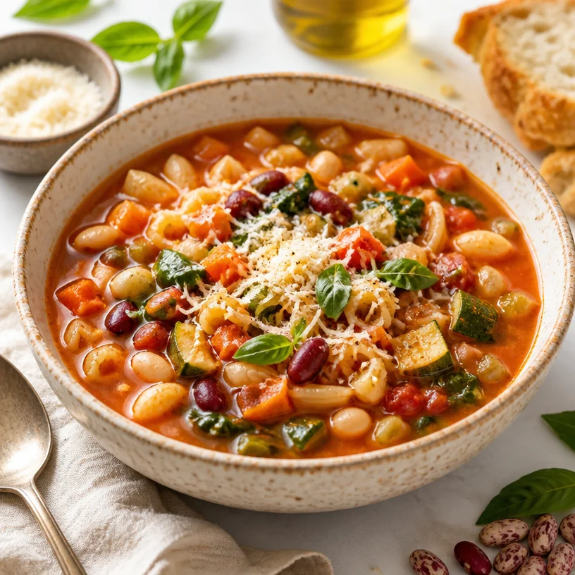 A bowl of minestrone soup filled with vegetables and pasta served hot.