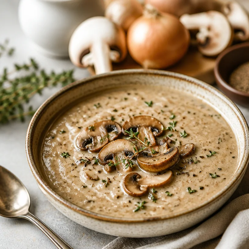 Bowl of creamy mushroom soup with fresh herbs on a wooden table