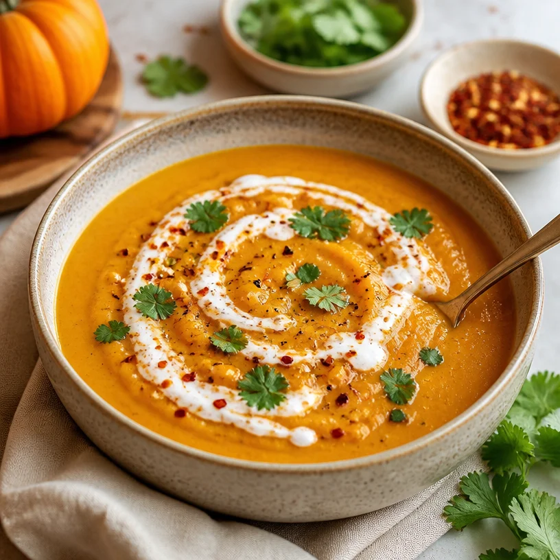 Creamy pumpkin curry soup served in a bowl, perfect for weeknight dinners.